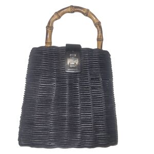Zara Black Mini Wicker Woven Handbag with Bamboo Handle